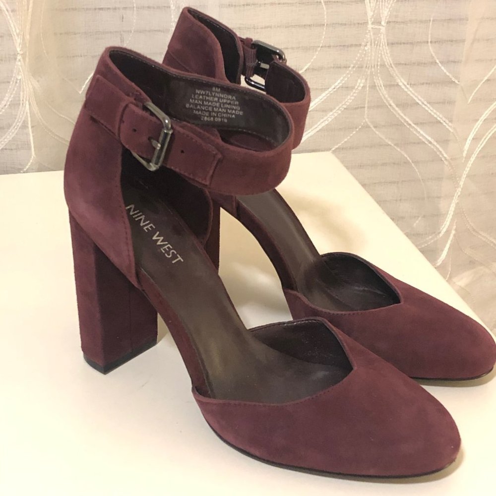 Nine West Ankle Strap Suede Burgundy Heels -Size 8